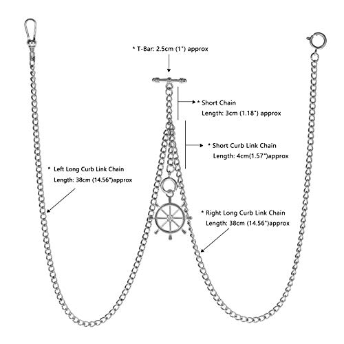 TREEWETO Men's Double Albert Chain Pocket Watch Curb Link Key Chain 3 Hooks with Antique Silver Rudder Pendant Design Charm Fob T Bar - Image 3