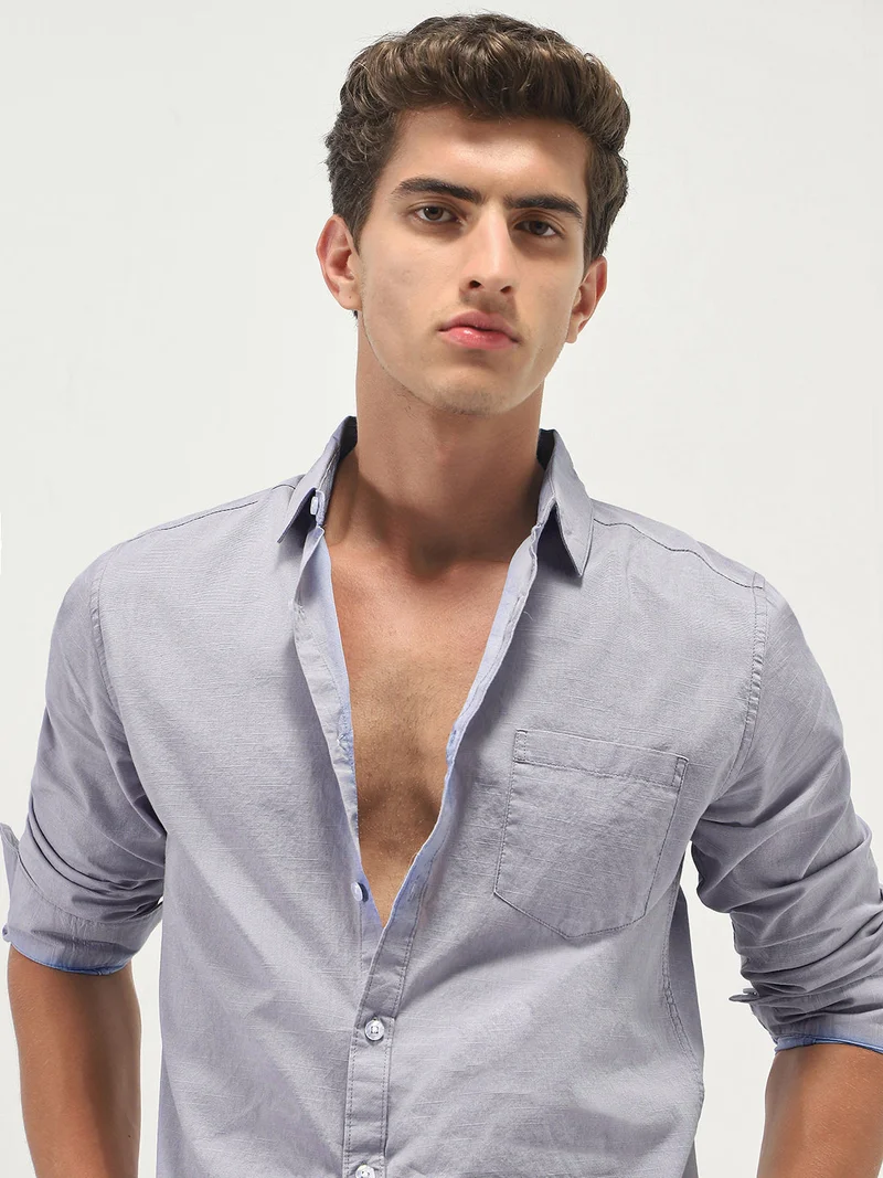 Urbano Fashion  Urbano Fashion Men's Lavender Cotton Full Sleeve Regular Fit Casual Solid Slub Shirt with Spread Collar  | Best Price UAE