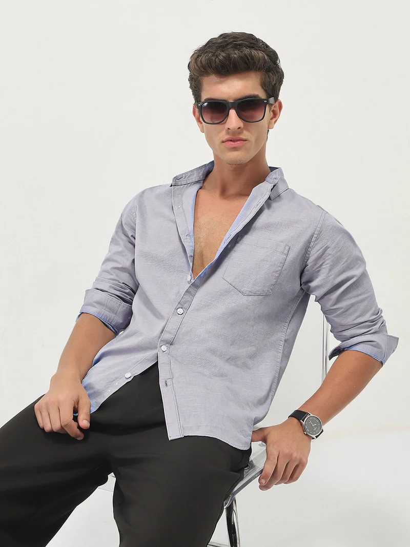 Urbano Fashion Men's Lavender Cotton Full Sleeve Regular Fit Casual Solid Slub Shirt with Spread Collar