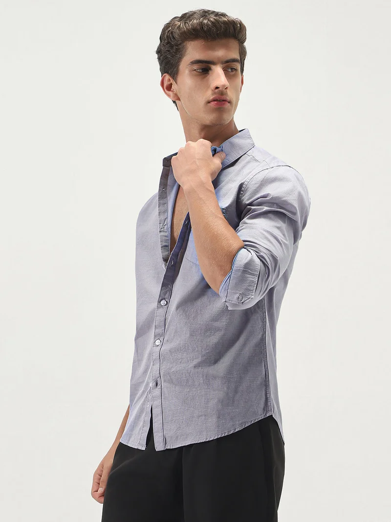 Urbano Fashion  Urbano Fashion Men's Lavender Cotton Full Sleeve Regular Fit Casual Solid Slub Shirt with Spread Collar  | Best Price UAE