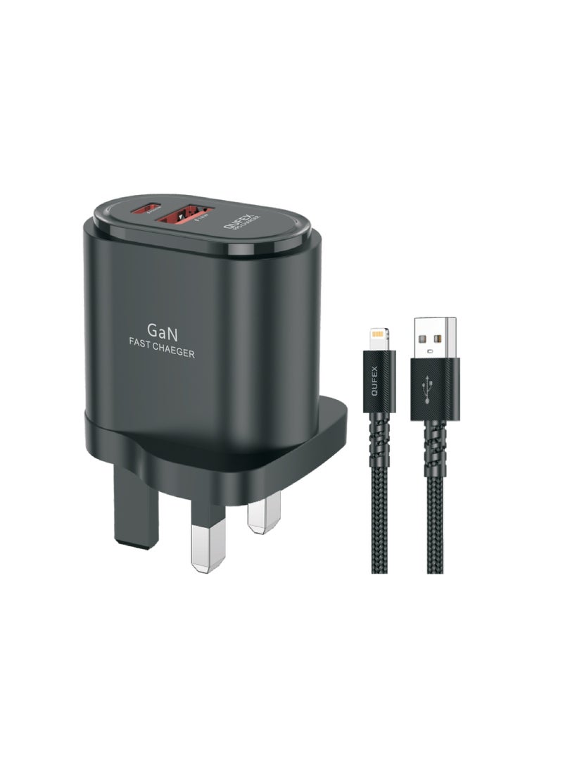 كيفكس شاحن QUFEX سريع للسفر 43 واط USB-A إلى Lightning – أسود - Image 1