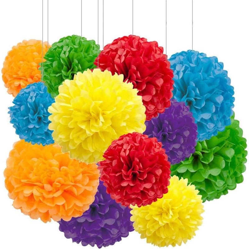 Aimto 12pcs Rainbow Paper Pom Poms Decorations for Party Ceiling Wall Hanging Tissue Flowers Decorations - 6 Colors of 12 Inch, 10 Inch - Image 1