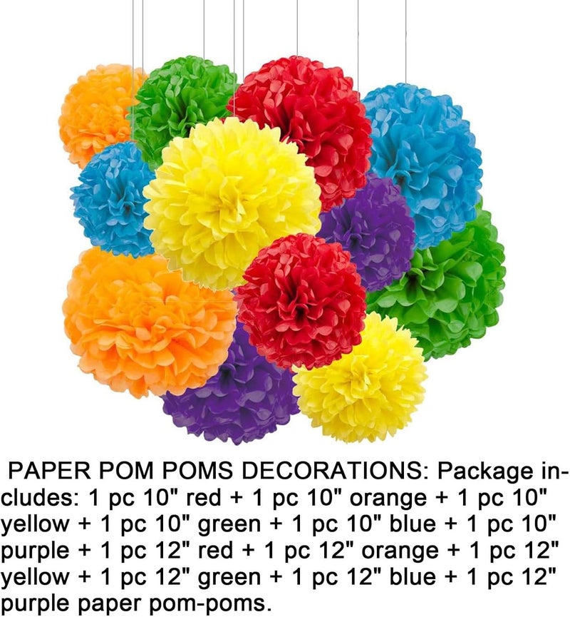 Aimto 12pcs Rainbow Paper Pom Poms Decorations for Party Ceiling Wall Hanging Tissue Flowers Decorations - 6 Colors of 12 Inch, 10 Inch - Image 2