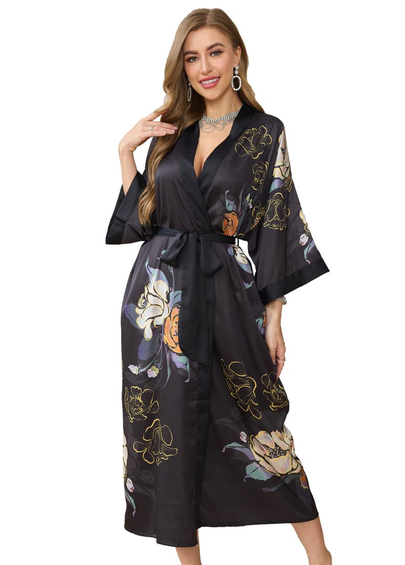 Kihnop Women's Floral Kimono Robe Long Satin Robe Long Silk Bathrobe Ladies Kimonos Dressing Gown, One Size - Image 2