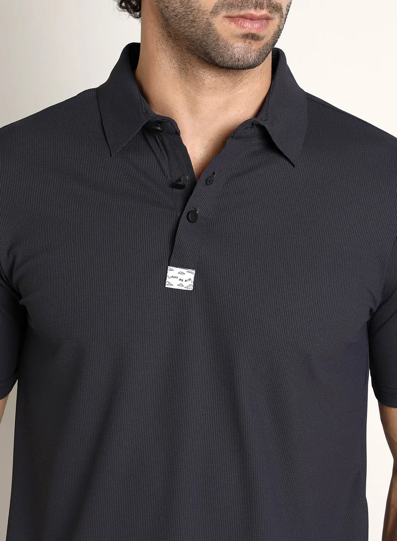 CAHOOT  Men's Midnight Black Seamless Ribbed Polo T-Shirt For Casual Wear | Polo Neck | Short Regular Sleeves | Half-Button Closure | T-Shirt Crafted With Comfort Fit For Everyday Wear for Men | Best Price UAE