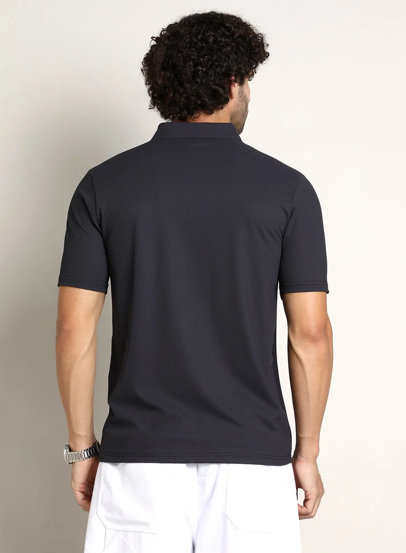 CAHOOT  Men's Midnight Black Seamless Ribbed Polo T-Shirt For Casual Wear | Polo Neck | Short Regular Sleeves | Half-Button Closure | T-Shirt Crafted With Comfort Fit For Everyday Wear for Men | Best Price UAE