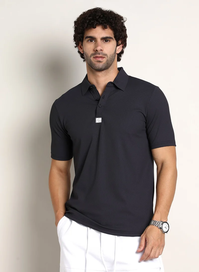 كامبوس سوترا Men's Midnight Black Seamless Ribbed Polo T-Shirt For Casual Wear | Polo Neck | Short Regular Sleeves | Half-Button Closure | T-Shirt Crafted With Comfort Fit For Everyday Wear