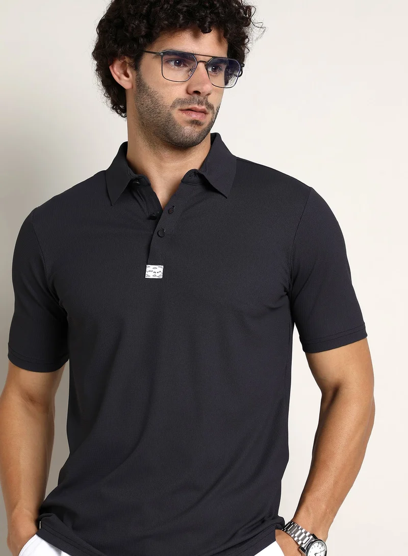 كامبوس سوترا Men's Midnight Black Seamless Ribbed Polo T-Shirt For Casual Wear | Polo Neck | Short Regular Sleeves | Half-Button Closure | T-Shirt Crafted With Comfort Fit For Everyday Wear