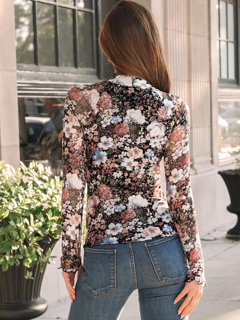 Dealmore Lace Sheer Floral Mesh Mockneck Going Out Tops for Women Fall Fashion Spring Outfits 2026 Clothes Floral Fierce XL - Image 4