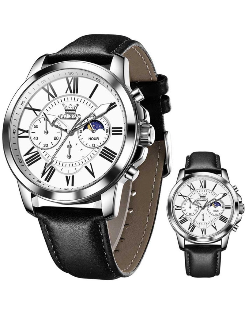 أوليفز ساعة OLEVS للرجال بسوار من الجلد، كوارتز تناظرية، ميناء كبير، تاريخ، مقاومة للماء، ساعة رسمية فاخرة مضيئة 3632 - Image 1