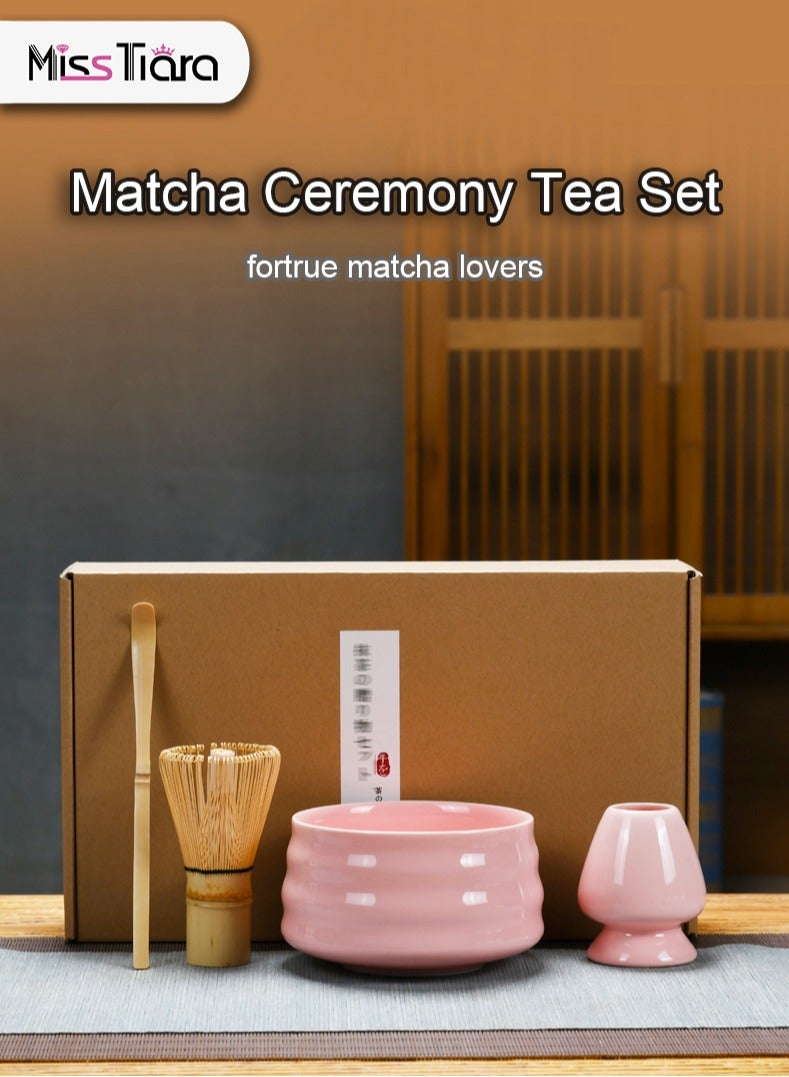 MissTiara Matcha Set, Made With Natural Bamboo And Premium Quality Ceramic, Japanese 4 pieces set, Matcha Bowl with Spout, Bamboo Matcha Whisk, Matcha Scoop, Whisk Holder, Pink 