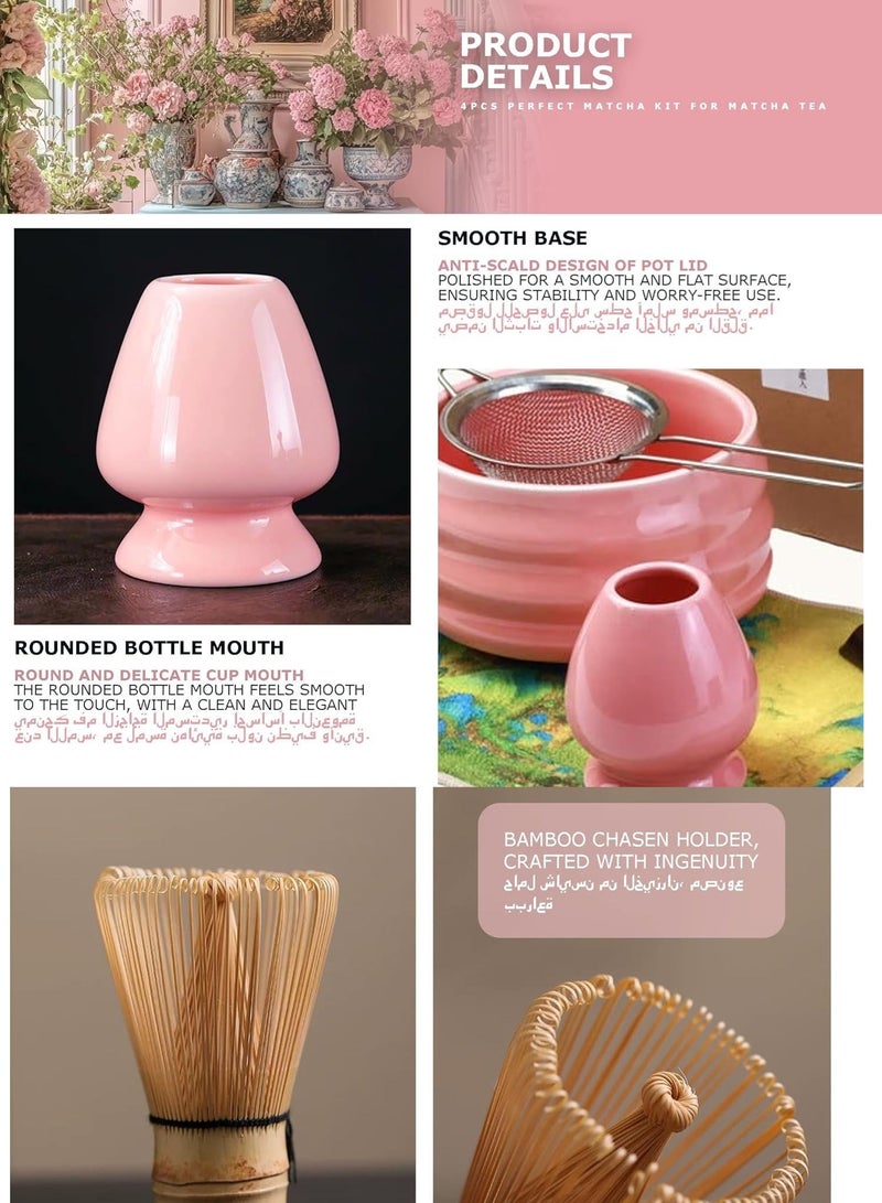MissTiara Matcha Set, Made With Natural Bamboo And Premium Quality Ceramic, Japanese 4 pieces set, Matcha Bowl with Spout, Bamboo Matcha Whisk, Matcha Scoop, Whisk Holder, Pink - Image 3