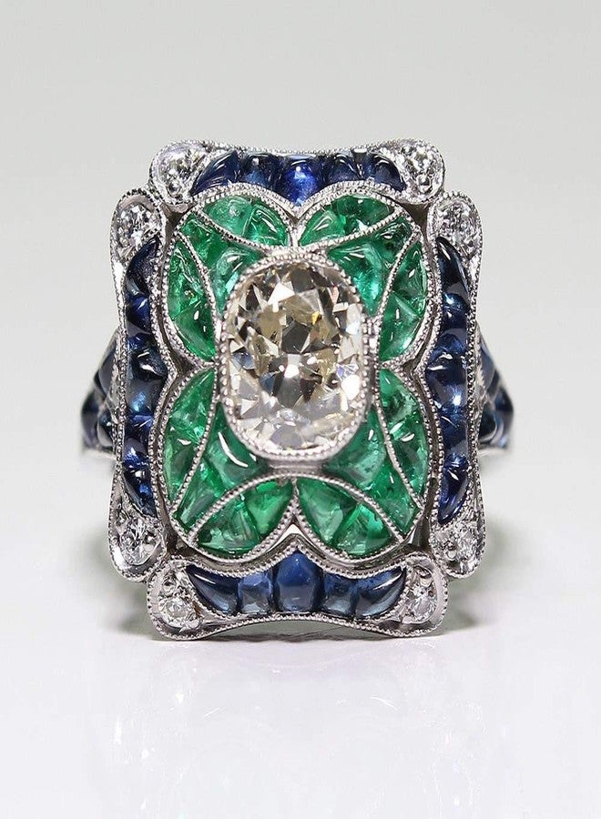 YUREN خاتم يورين من الفضة الإسترلينية 925 مع زمرد عتيق وزفير أزرق وتوباز أبيض للنساء، مجوهرات زفاف عصرية، مقاس 6-10 (رمز الولايات المتحدة 9) - Image 2