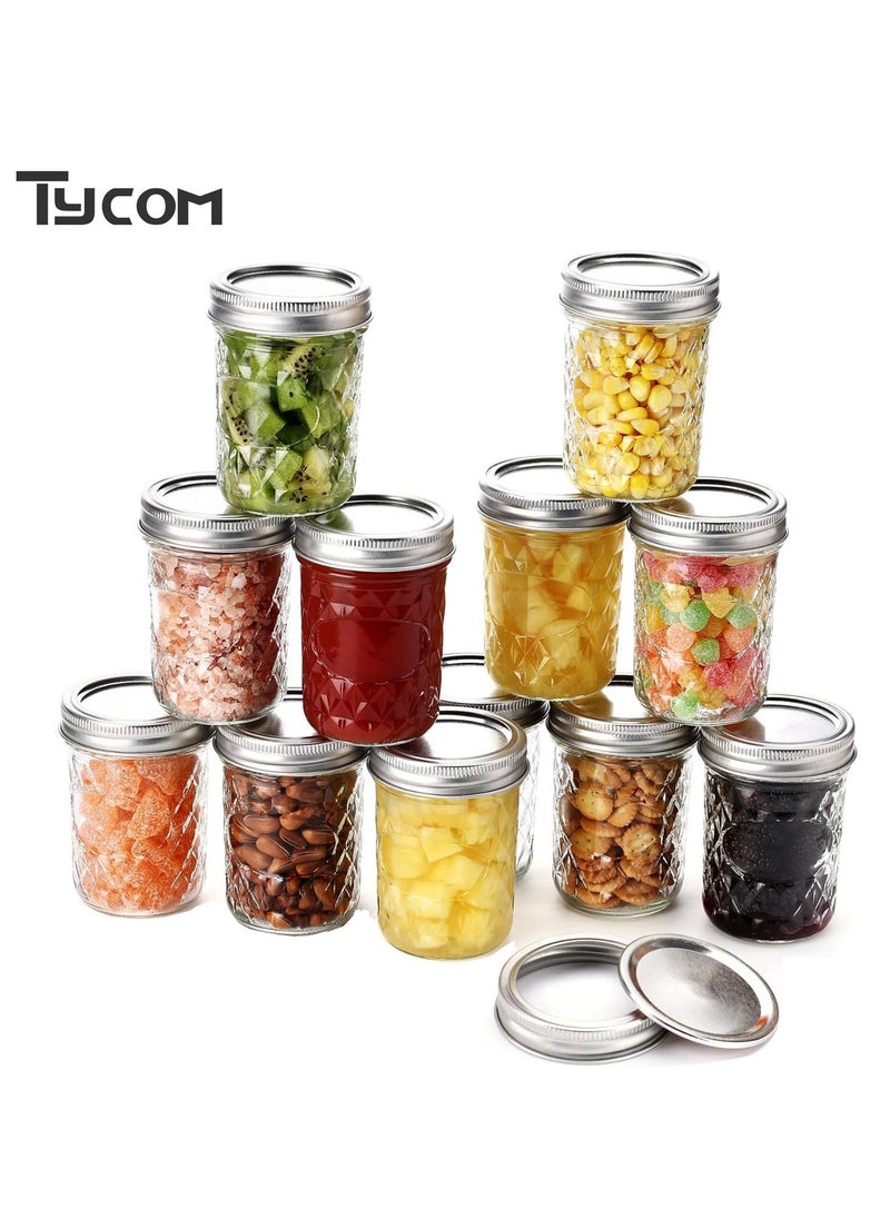 TYCOM - Tycom Mason Jars 12-Pack Quilted Glass Jars with Lid and Seal Bands Airtight Container for Pickling Canning Candles 12 Pieces Transparent. - Image 1