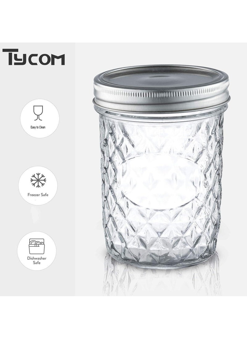 TYCOM - Tycom Mason Jars 12-Pack Quilted Glass Jars with Lid and Seal Bands Airtight Container for Pickling Canning Candles 12 Pieces Transparent. - Image 1