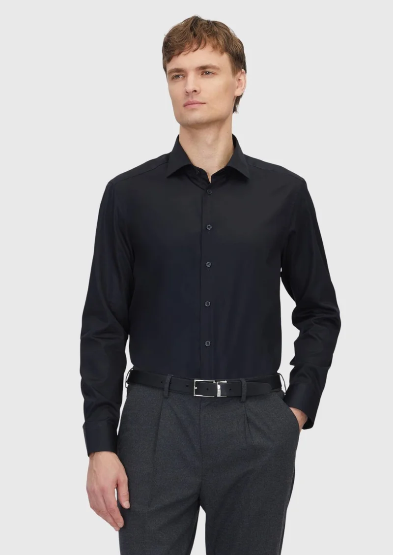 RAMSEY Black Plain Regular Fit Long Weaving Classical 100% Cotton Shirt