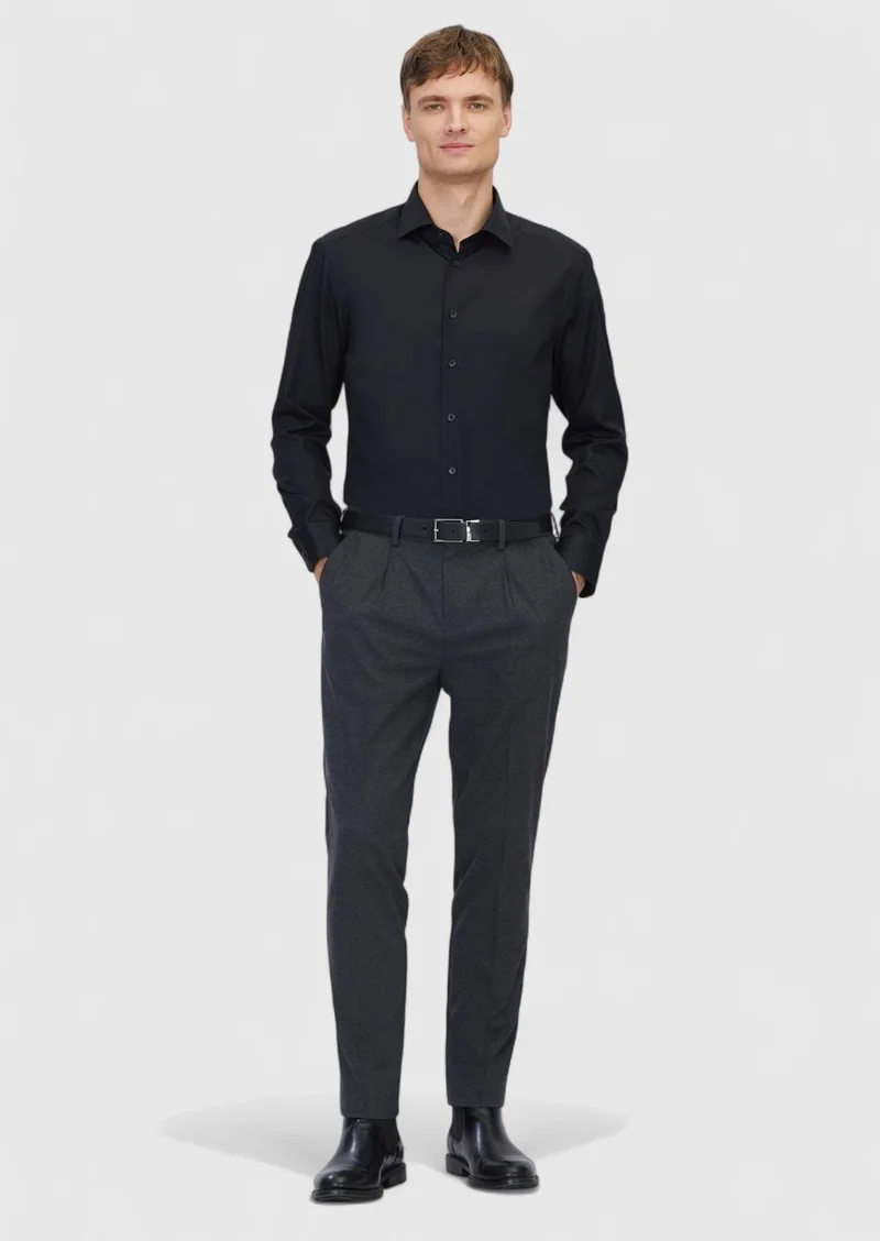 RAMSEY Black Plain Regular Fit Long Weaving Classical 100% Cotton Shirt