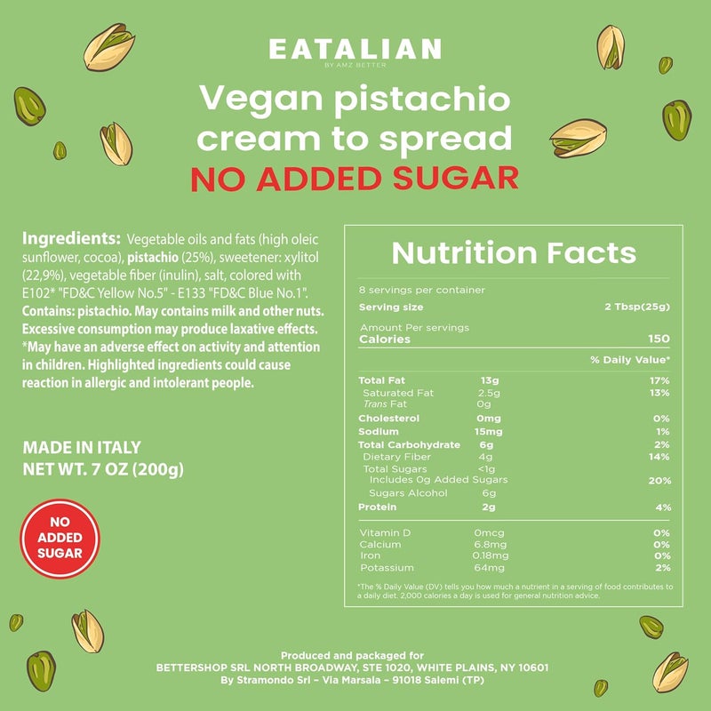 AMZ BETTER EATALIAN by AMZ BETTER Vegan Pistachio Cream Sugar Free, 7 oz/ 200g, Delicious sugar free vegan spread, ideal on bread, perfect with ice cream, Excellent for Dubai Chocolate, Made in Italy - Image 2