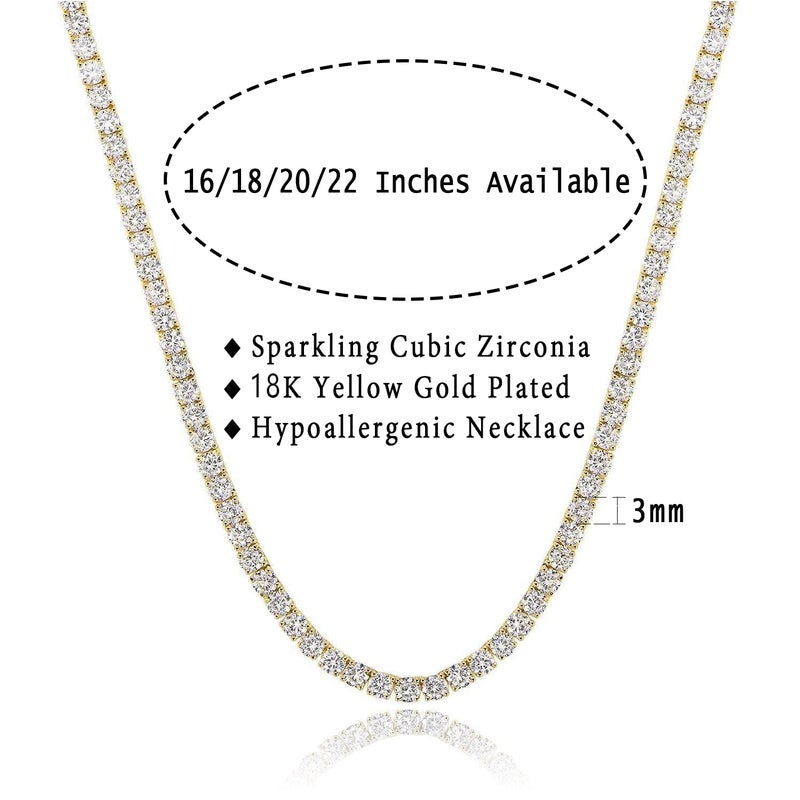 Gemsme 18K Yellow Gold Plated 3.0mm Round Cubic Zirconia Classic Tennis Necklace for Women and Men 20 Inch - Image 3