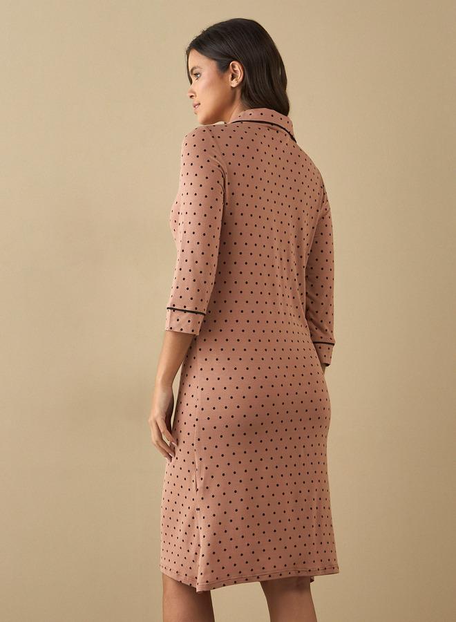 سبلاش فيڤ قميص نوم بياقة مطبوع بنقاط بولكا وأكمام ثلاثة أرباع - Image 3