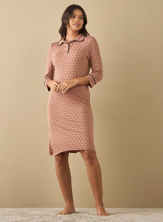 سبلاش فيڤ قميص نوم بياقة مطبوع بنقاط بولكا وأكمام ثلاثة أرباع - Image 2