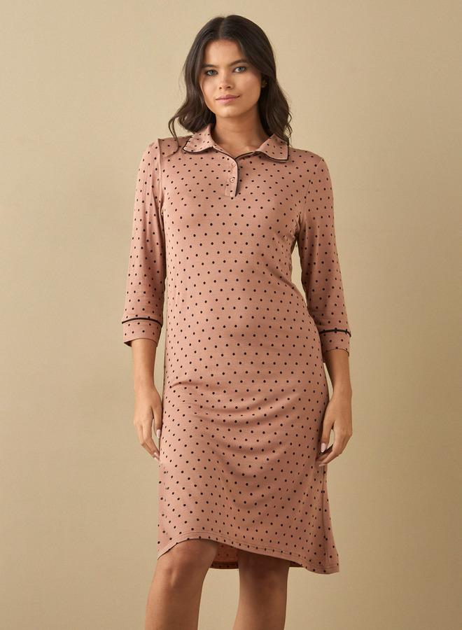 سبلاش فيڤ قميص نوم بياقة مطبوع بنقاط بولكا وأكمام ثلاثة أرباع - Image 1