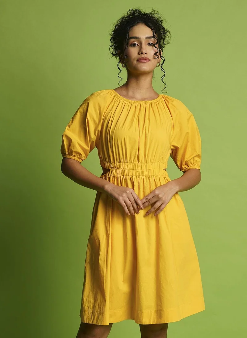 Globus Globus Women Puff Sleeves Gathered Cut-Outs Waist Knee Length Fit & Flare Dress