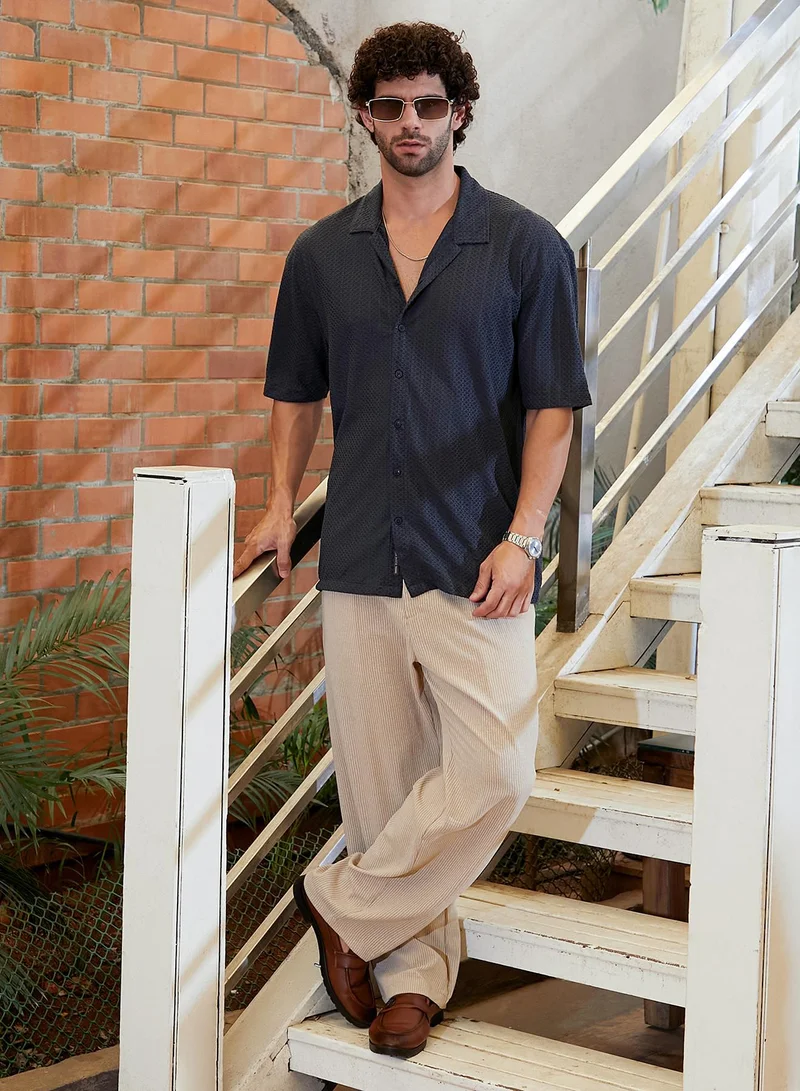 Campus Sutra  Men's Prussian Blue Zigzag-Helix Resort Oversized Shirt for Men | Best Price UAE