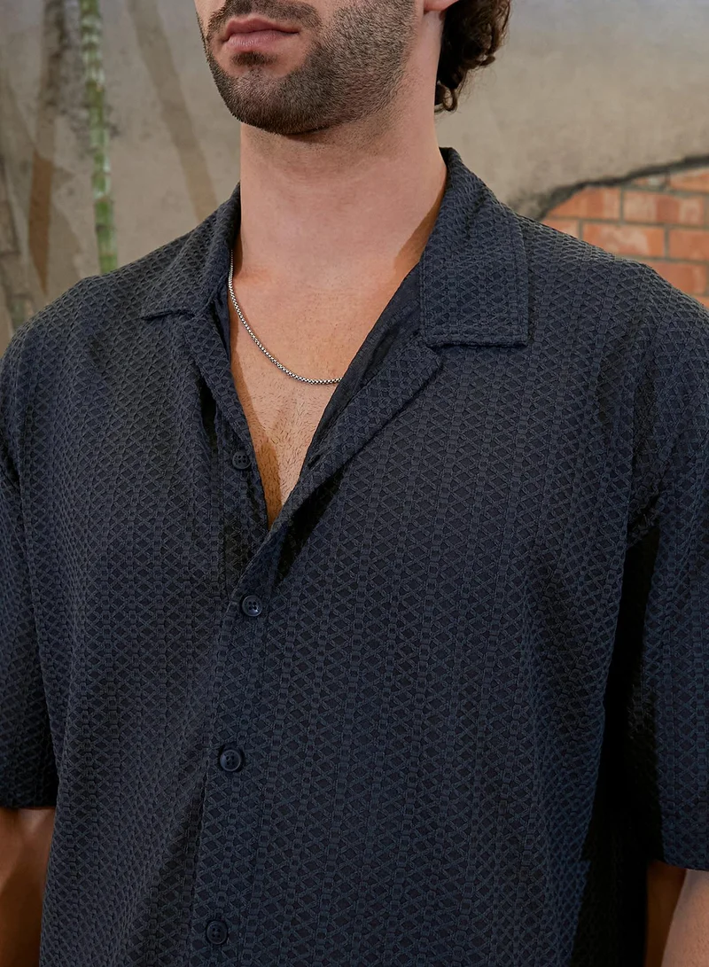 Campus Sutra  Men's Prussian Blue Zigzag-Helix Resort Oversized Shirt for Men | Best Price UAE