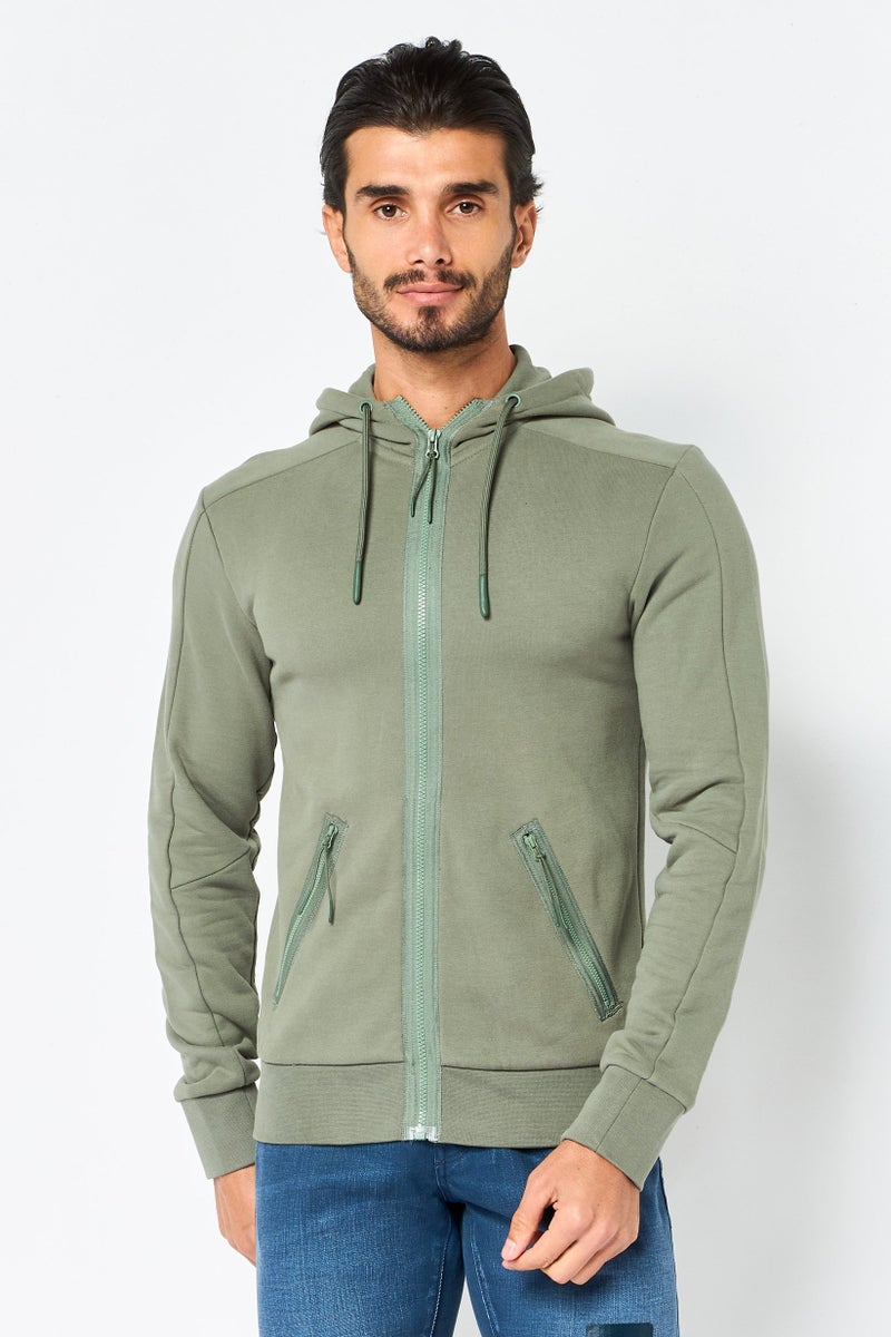 Celio Men Hooded Solid Long Sleeve Full Zip Jacket, Sage Green - Image 1