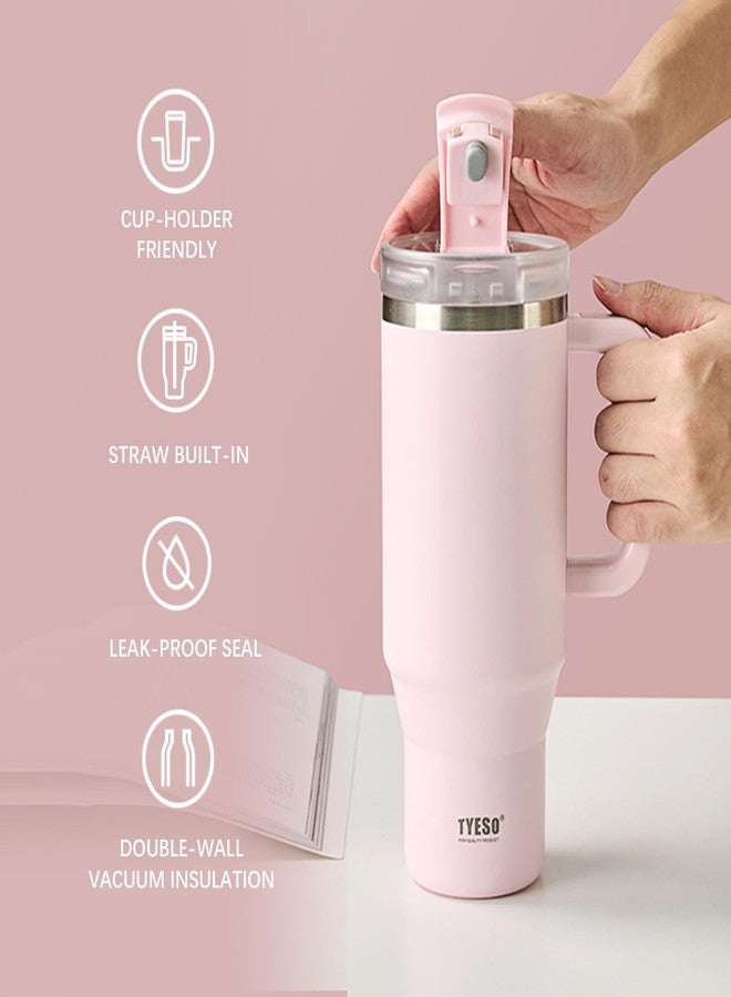 TYESO Vacuum Insulated Tumbler Water Bottle Cold Insulation Stainless Steel Bottle Straw Handle Mug Double Wall Wide Mouth (LIGHT PINK, 40 oz) - Image 2