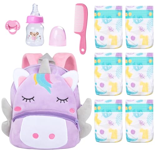 Pedolltree 10 Pcs Reborn Baby Doll Diaper Bag Care and Feeding Set for 1724 inches Reborn Dolls Newborn Baby Accessories with Unicorn Backpack Diapers Pacifier Bottle Comb - Image 1