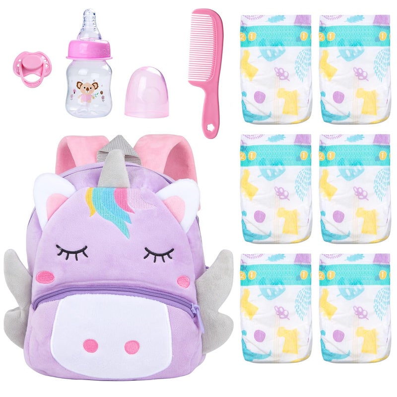 Pedolltree 10 Pcs Reborn Baby Doll Diaper Bag Care and Feeding Set for 1724 inches Reborn Dolls Newborn Baby Accessories with Unicorn Backpack Diapers Pacifier Bottle Comb - Image 3