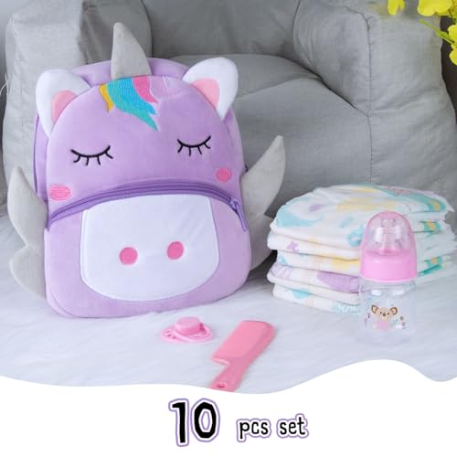 Pedolltree 10 Pcs Reborn Baby Doll Diaper Bag Care and Feeding Set for 1724 inches Reborn Dolls Newborn Baby Accessories with Unicorn Backpack Diapers Pacifier Bottle Comb - Image 5