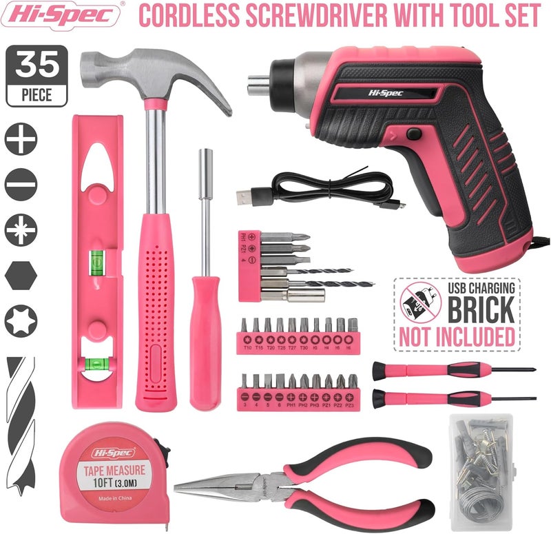 Hi-Spec 35 Piece Pink USB 3.6V Electric Power Screwdriver & DIY Tool Kit - Image 2