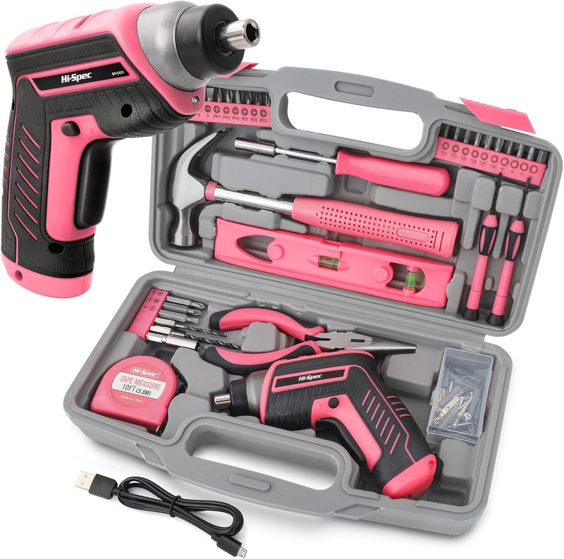 Hi-Spec 35 Piece Pink USB 3.6V Electric Power Screwdriver & DIY Tool Kit - Image 1