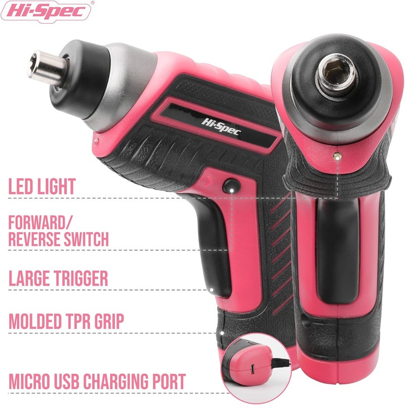 Hi-Spec 35 Piece Pink USB 3.6V Electric Power Screwdriver & DIY Tool Kit - Image 3