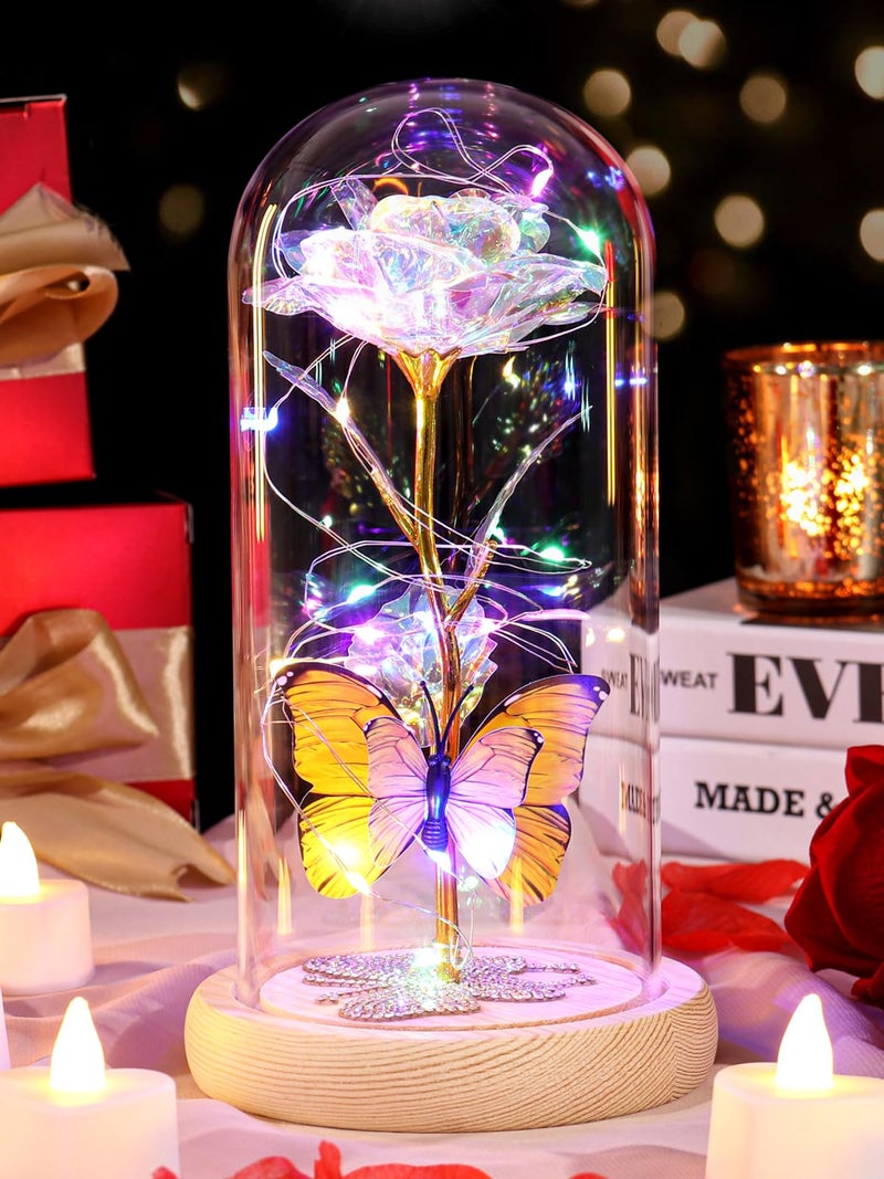 DEEMEI DEEMEI Birthday Gifts for Women Mothers Day Flower Gifts for Mom Colorful Rose Eternal Flower Light Up Rose in Glass Dome with Butterfly Thanksgiving for Mothers Grandma Girlfriend Wife 