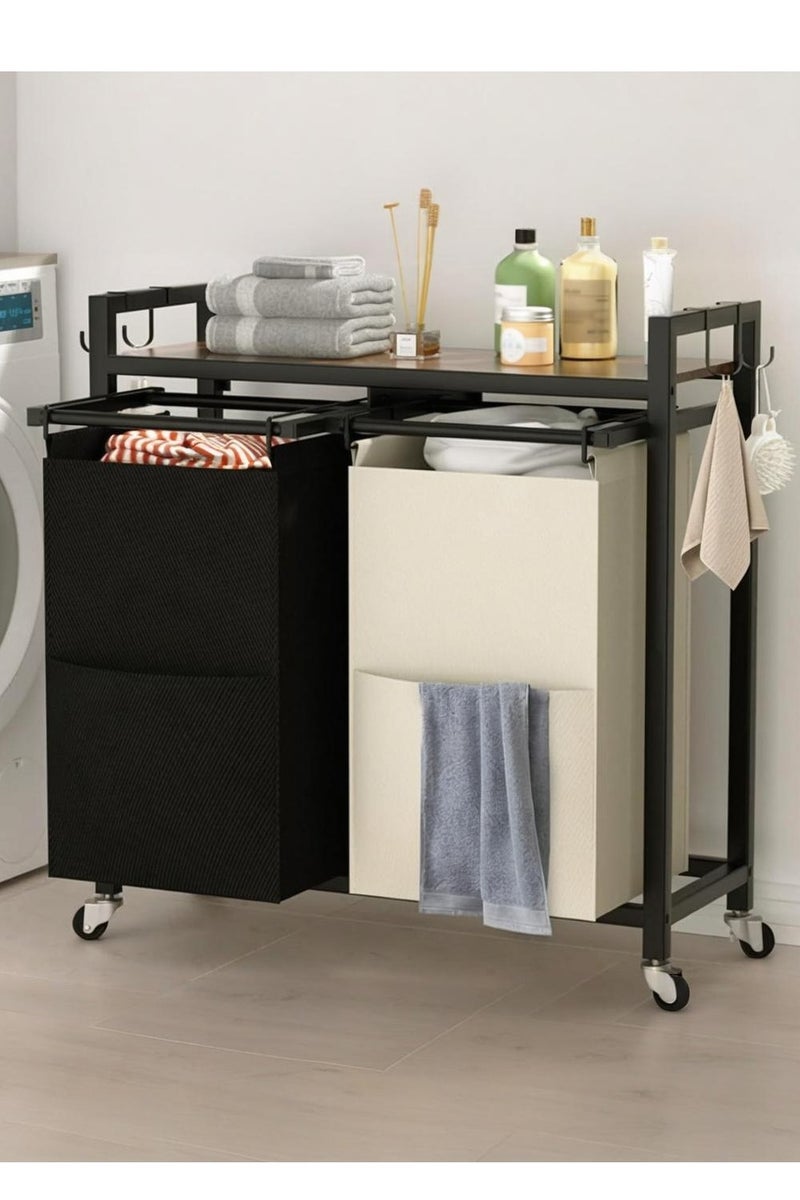 XiuWoo Laundry Basket with Wheels, 2-Section Rolling Laundry Hamper, Laundry Room Bedroom Dirty Sorter Organizer with Pull Out & Removable Bags - Image 1