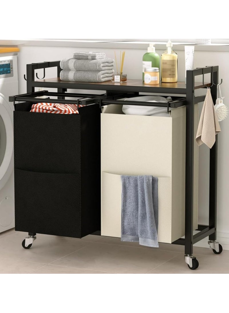 XiuWoo Laundry Basket with Wheels, 2-Section Rolling Laundry Hamper, Laundry Room Bedroom Dirty Sorter Organizer with Pull Out & Removable Bags  - Image 1