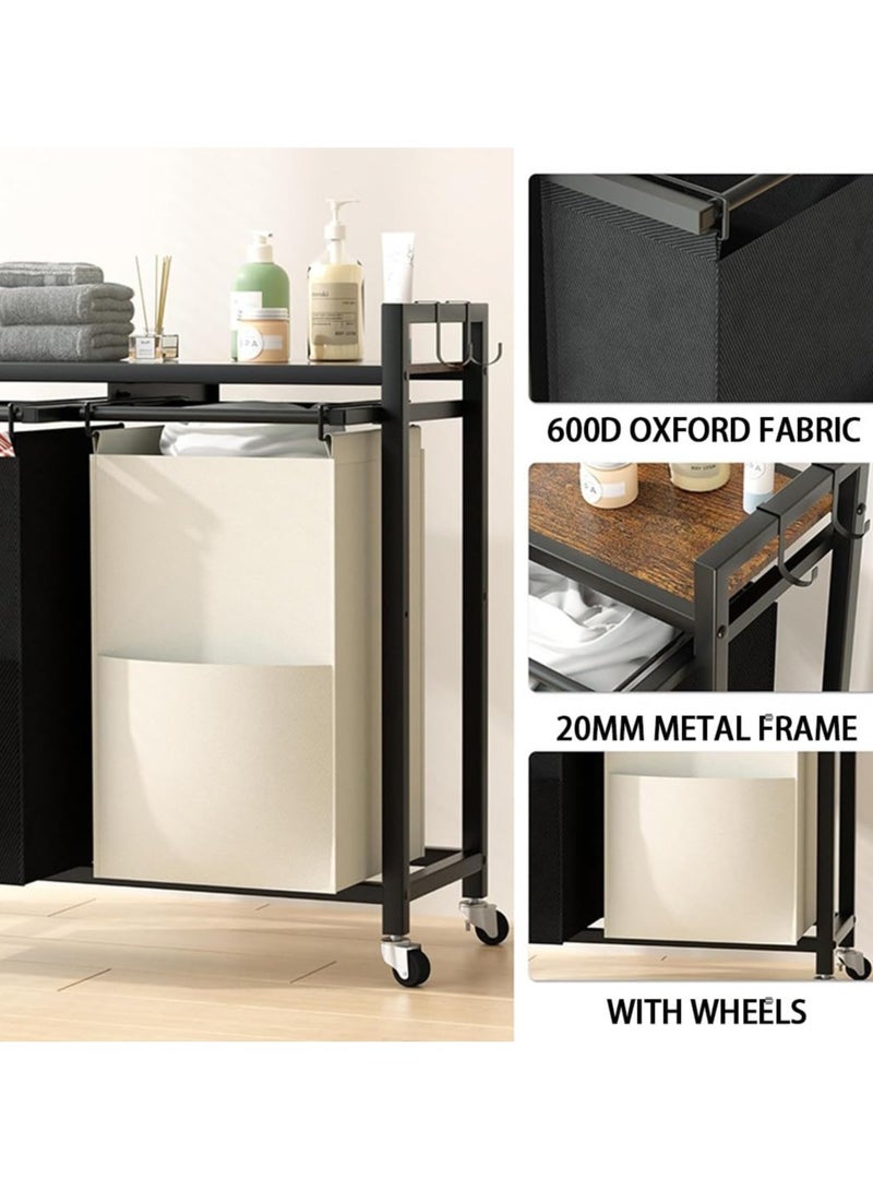 XiuWoo Laundry Basket with Wheels, 2-Section Rolling Laundry Hamper, Laundry Room Bedroom Dirty Sorter Organizer with Pull Out & Removable Bags  - Image 3