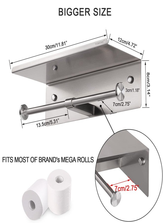 YUMORE Toilet Paper Holder, 304 Stainless Steel Bathroom Double Roll Tissue Holder with Shelf, Wall Mounted Washroom Dual TP Dispenser Storage, Flushable Wipes Dispenser, Brushed Nickel Finish - Image 2