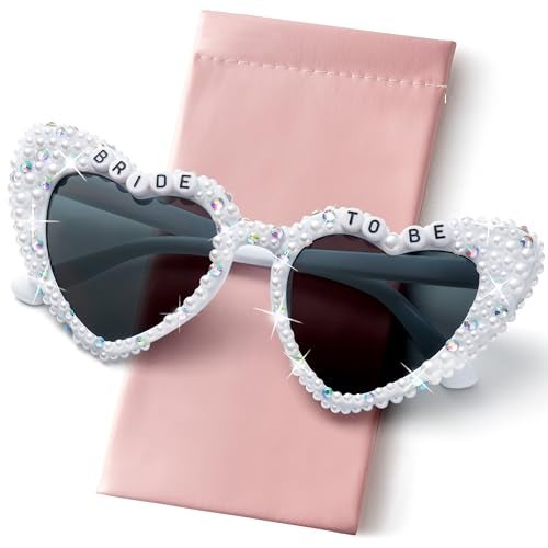 PANTIDE Bride To Be Sunglasses - Rhinestone Pearl Heart Shaped Sunglasses, Bachelorette Bridal Shower Wedding Engagement Party Favors Glasses Accessories, Jewelry Gift for Bridesmaid Women (White) - Image 1