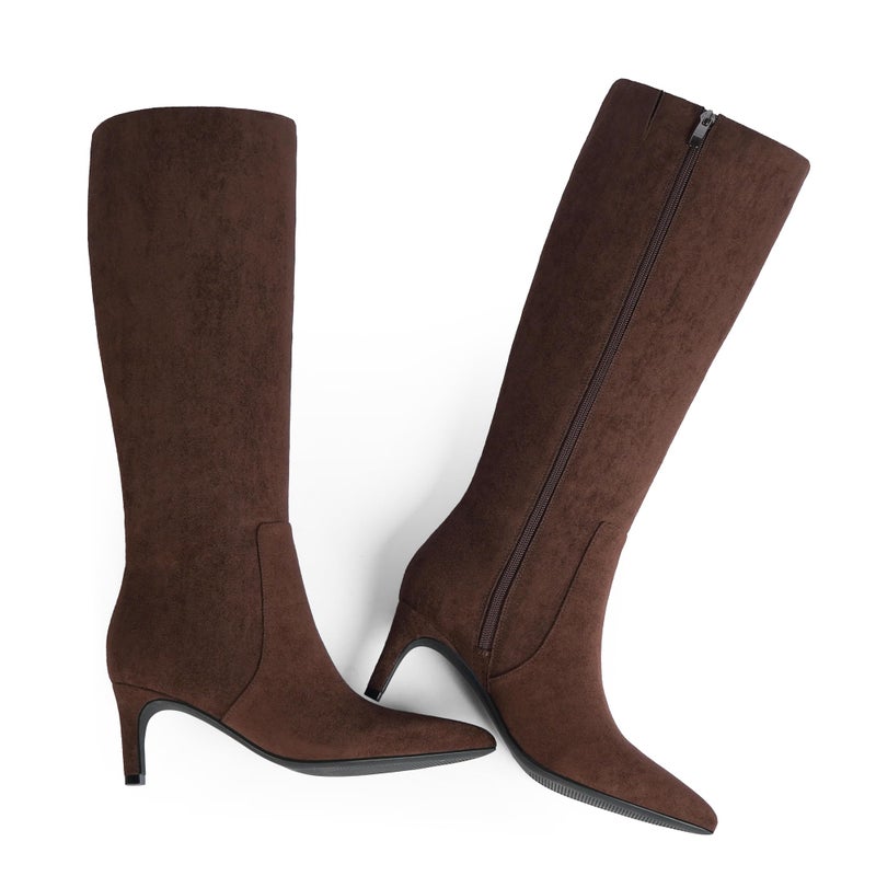 QIY Women Knee High Boots Chocolate Brown Boots Kitten Heel Pointed Toe Tall Fall Long Suede Boots Size 8 - Image 4