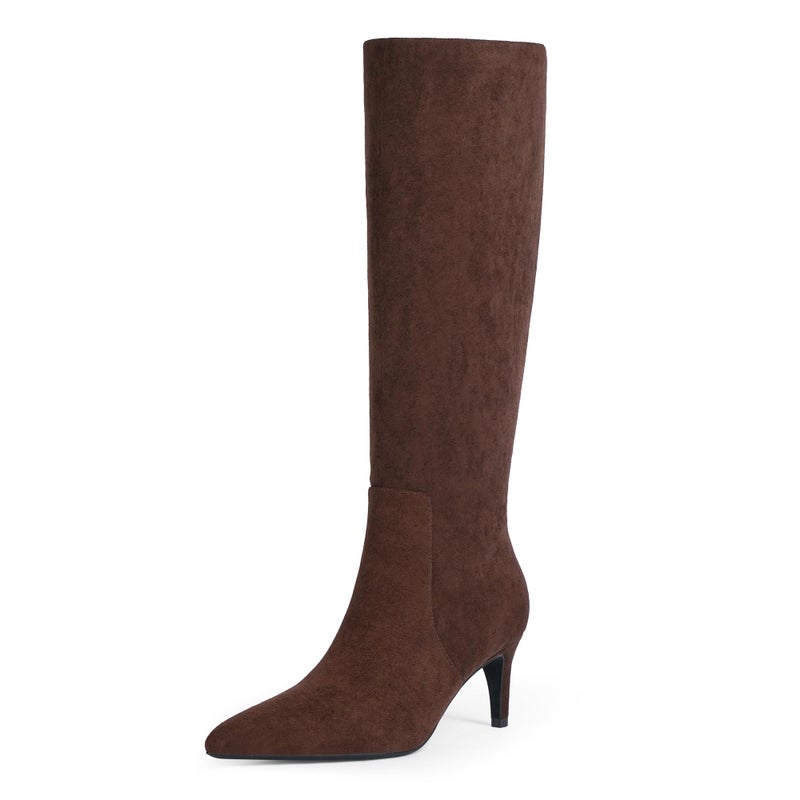 QIY Women Knee High Boots Chocolate Brown Boots Kitten Heel Pointed Toe Tall Fall Long Suede Boots Size 8 - Image 1