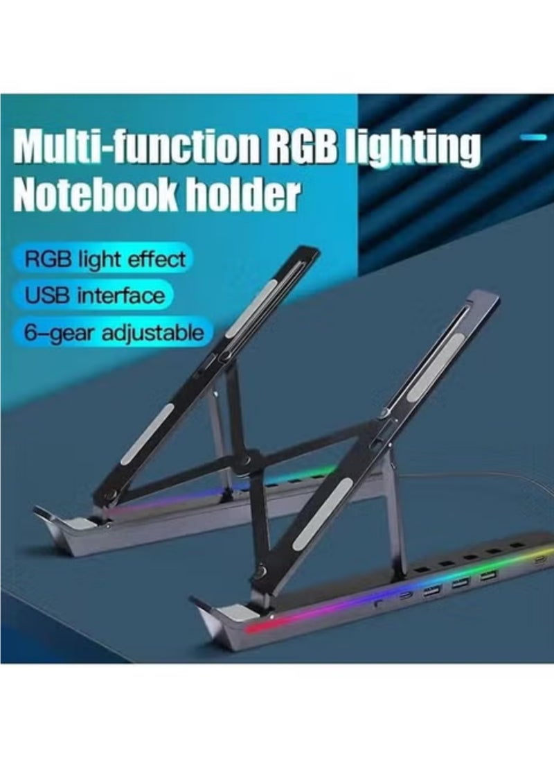 Rock Pow - Laptop Stand for Desk, Aluminum Computer Stand with USB-A、USB-C and RGB Lights, Adjustable Foldable Portable Stand, with USB-A 3.0 and USB-C 2.0 Hub Multi-Functional Laptop Riser with Additional Ports - Image 1