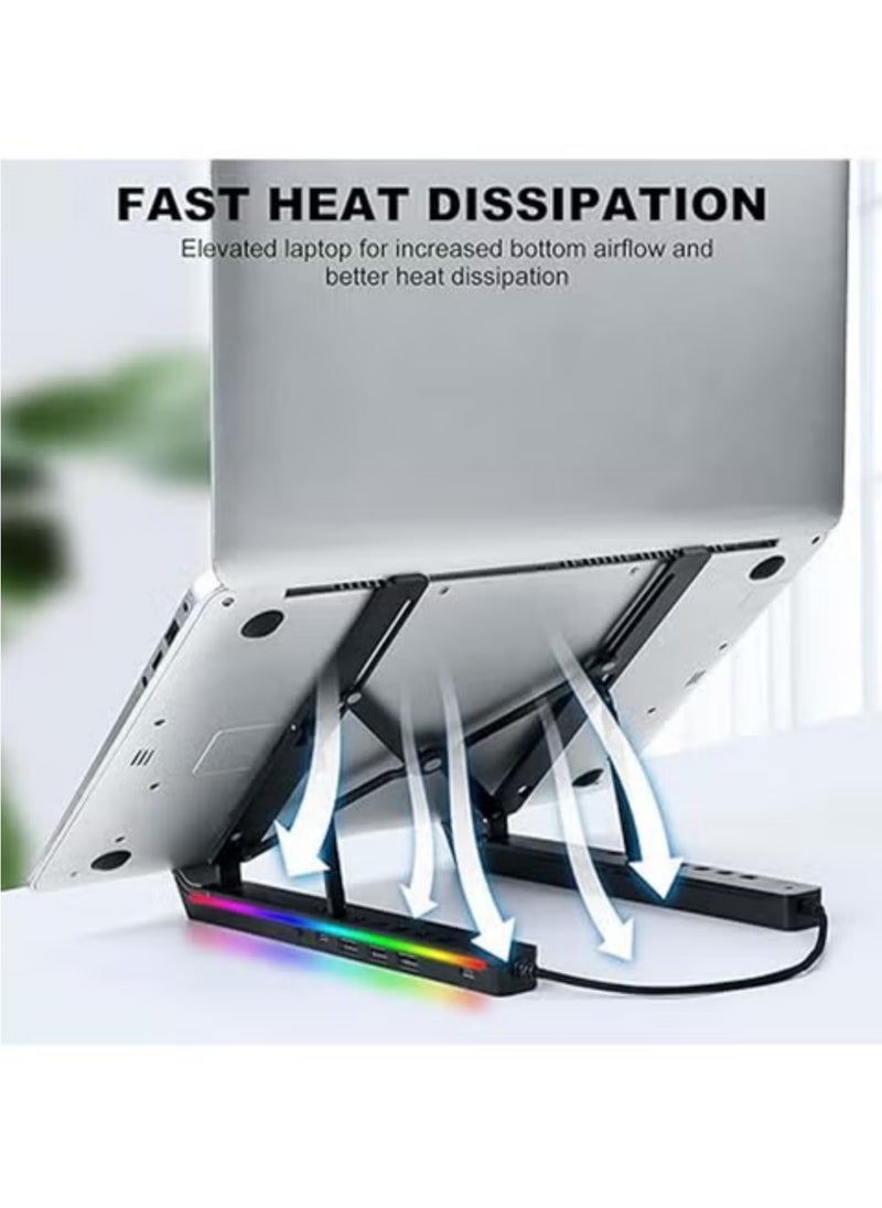 Rock Pow - Laptop Stand for Desk, Aluminum Computer Stand with USB-A、USB-C and RGB Lights, Adjustable Foldable Portable Stand, with USB-A 3.0 and USB-C 2.0 Hub Multi-Functional Laptop Riser with Additional Ports - Image 1
