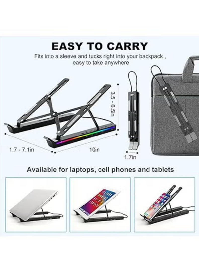 Rock Pow - Laptop Stand for Desk, Aluminum Computer Stand with USB-A、USB-C and RGB Lights, Adjustable Foldable Portable Stand, with USB-A 3.0 and USB-C 2.0 Hub Multi-Functional Laptop Riser with Additional Ports - Image 1