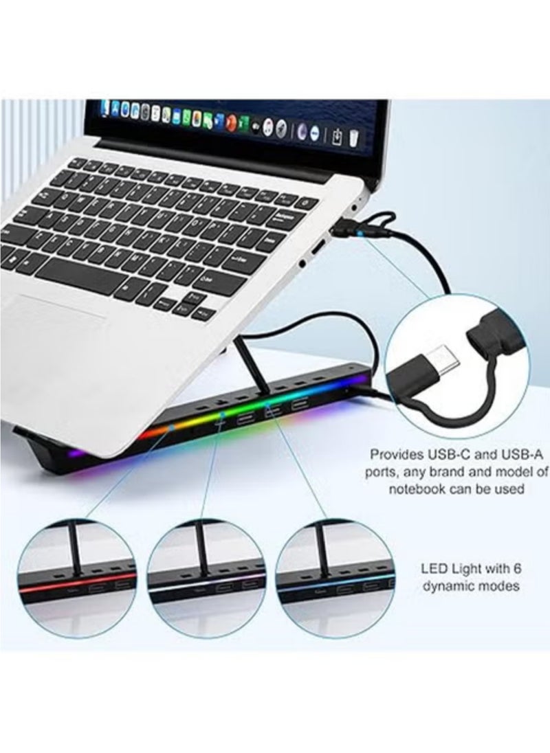 Rock Pow - Laptop Stand for Desk, Aluminum Computer Stand with USB-A、USB-C and RGB Lights, Adjustable Foldable Portable Stand, with USB-A 3.0 and USB-C 2.0 Hub Multi-Functional Laptop Riser with Additional Ports - Image 1