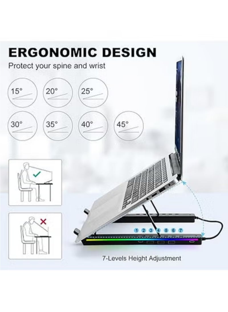 Rock Pow - Laptop Stand for Desk, Aluminum Computer Stand with USB-A、USB-C and RGB Lights, Adjustable Foldable Portable Stand, with USB-A 3.0 and USB-C 2.0 Hub Multi-Functional Laptop Riser with Additional Ports - Image 1